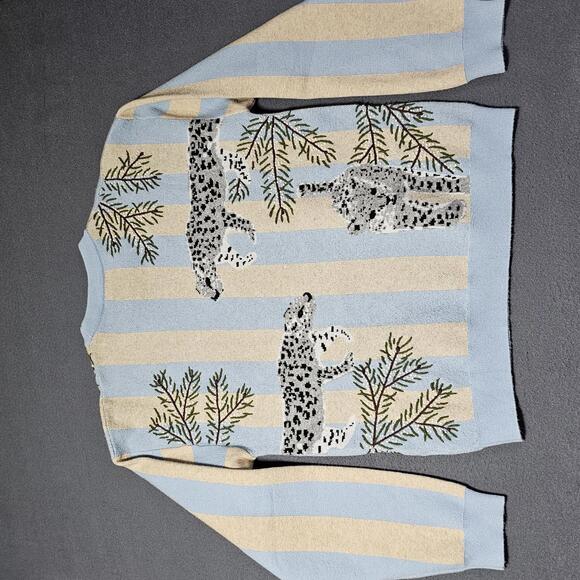 MAVRANS Men's Sweater RARE M Blue Beige Striped Leopard Print Knit Pullover Cat - Picture 13 of 14